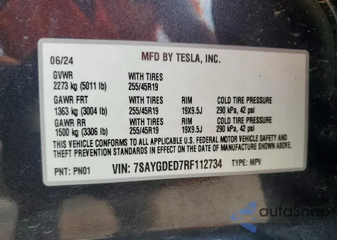 2024 Tesla Model Y from USA, damaged, VIN 7SAYGDED7RF112734